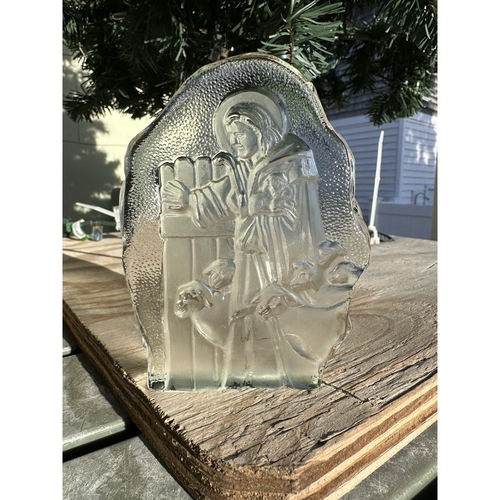 Vintage‎ Jesus The Good Shepard Crystal Glass Art Paperweight Etched Religious